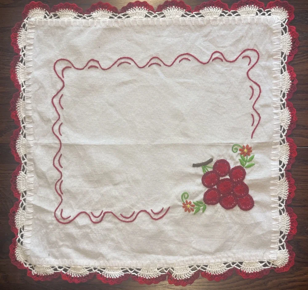 Vintage OOAK Handmade Doily Cherries Granny Red White